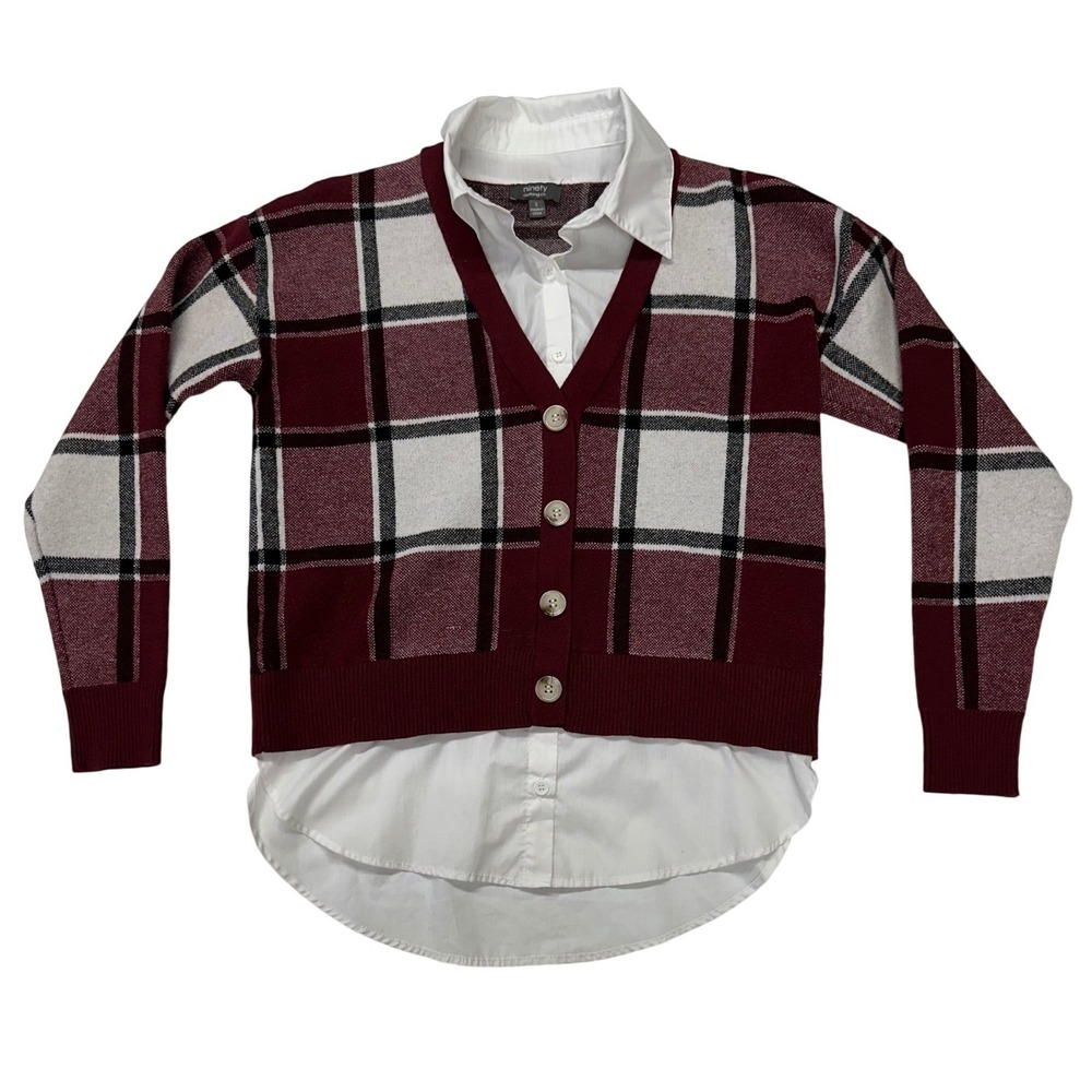 Ninety Clothing Co Cardigan Sweater Burgundy Plaid Layered Preppy Women S